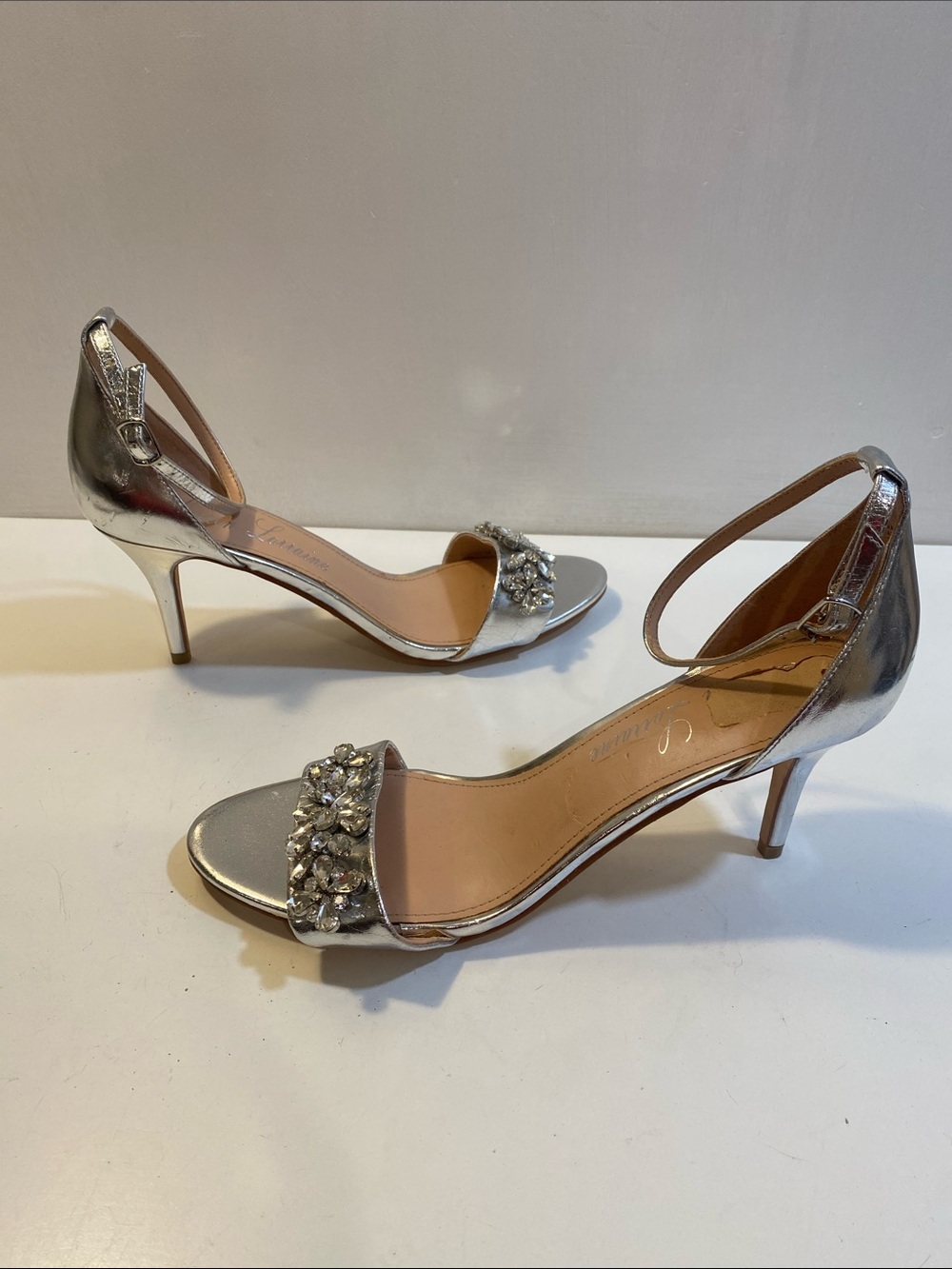 Lauren Lorraine Nancy Silver Embellished Ankle-Strap Women's Heels 11